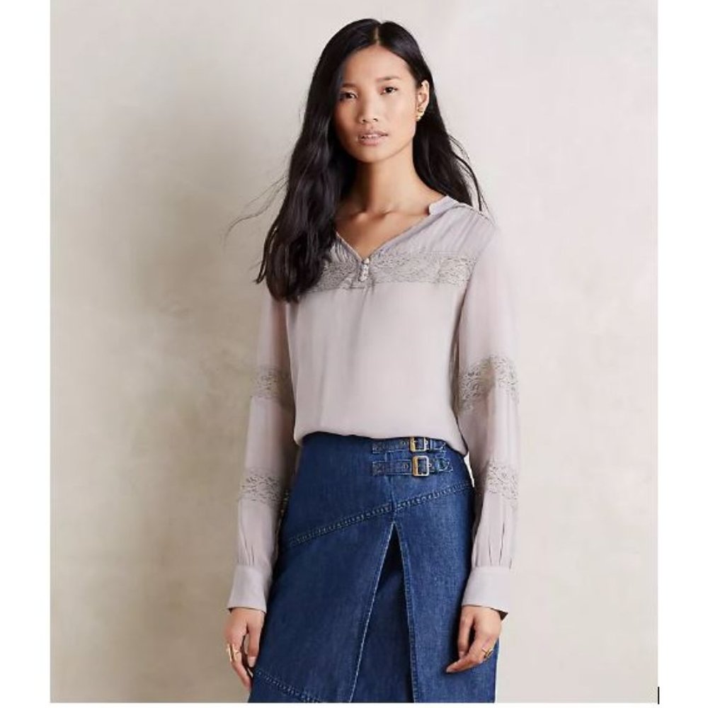 Anthropologie Souline Blouse by One Fine Day in Grey with Lace – Size Small